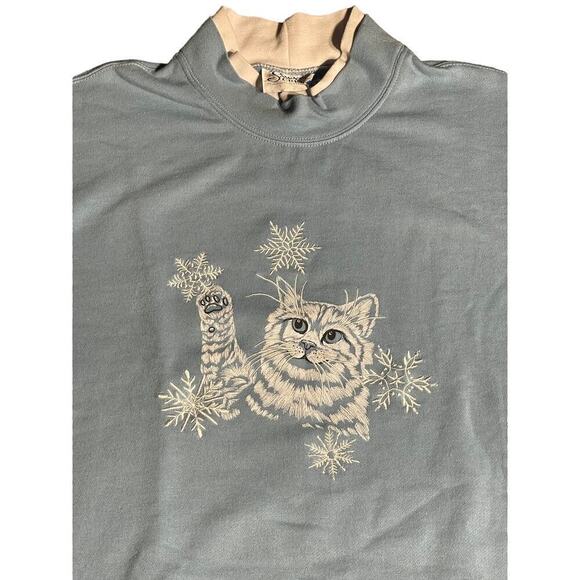 VINTAGE Kitty Cat Snow Flake Christmas Winter Sweater. Light blue/White XL - Picture 1 of 6